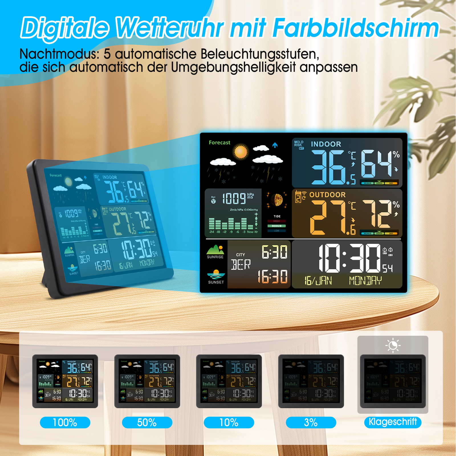 Hot sale Wireless Weather Station With Colorful Display, Wall Digital Clock, Dual Alarm Clock, Barometer, Thermometer, Hygrometer