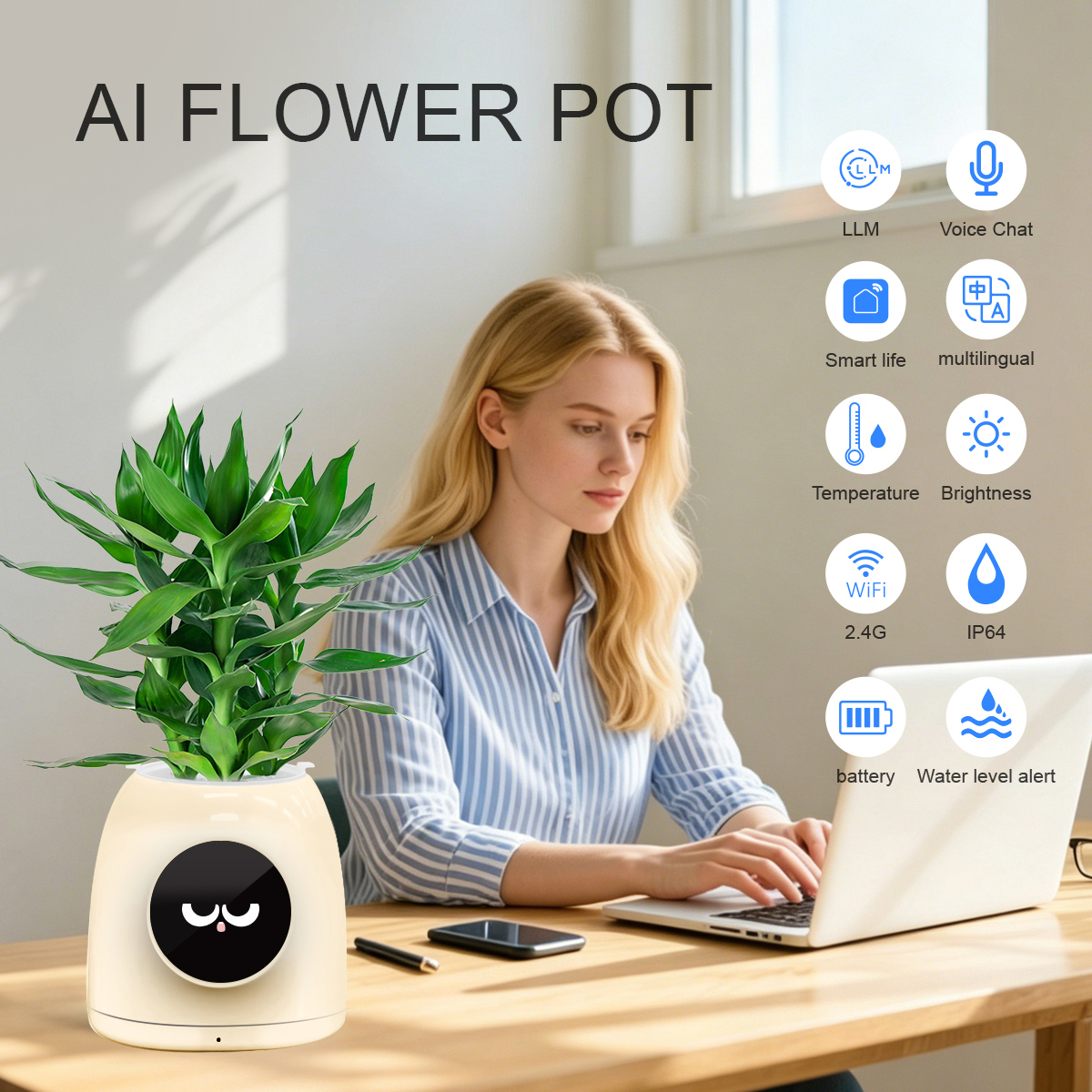 LINCUKOO Tuya Smart AI Flower Pot Gen1 Desktop WiFi Planter, Enhanced AI Voice Chat Support ChatGPT Gemini Tuya Device Linkage