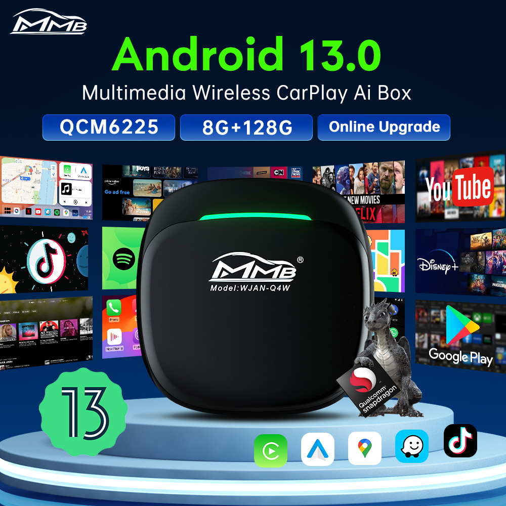 MMB Max 5.0 Smart Box CarPlay Wireless Android Auto AI Box Andriod13 TV Box QCM6225 8 Cores 8+128G TF Card 256G Split-Screen WiFi