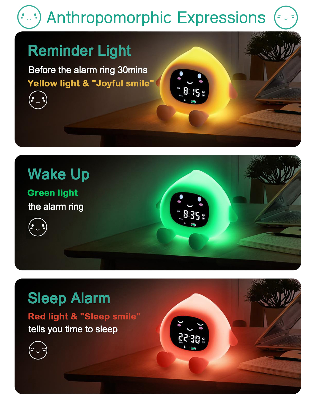 ORIA Kids Alarm Clock 110mm Rechargeable with 9 Color Night Light