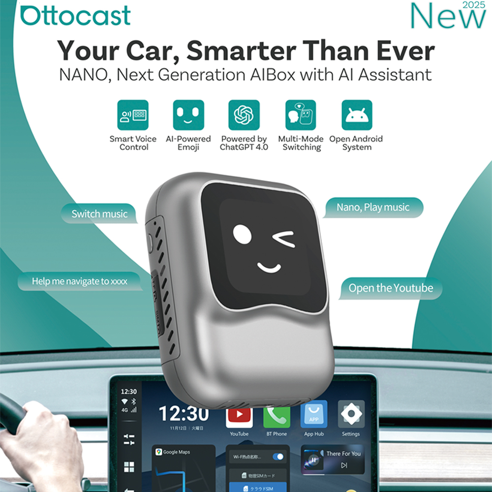 OTTOCAST Nano Carplay AI BOX Voice Control Wireless Android Auto QCM6225 8G 128G Android 13 TV Box for Youtube Netflix Play store