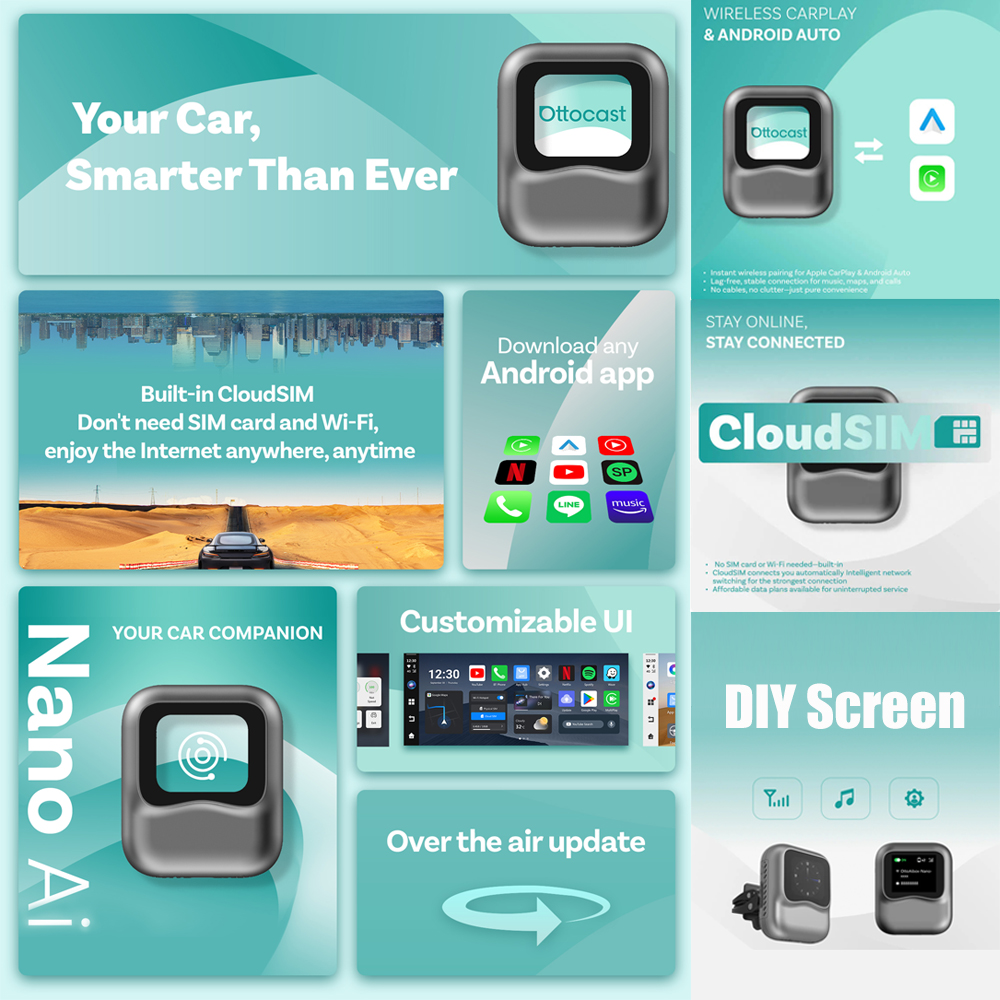 OTTOCAST Nano Carplay AI BOX Voice Control Wireless Android Auto QCM6225 8G 128G Android 13 TV Box for Youtube Netflix Play store