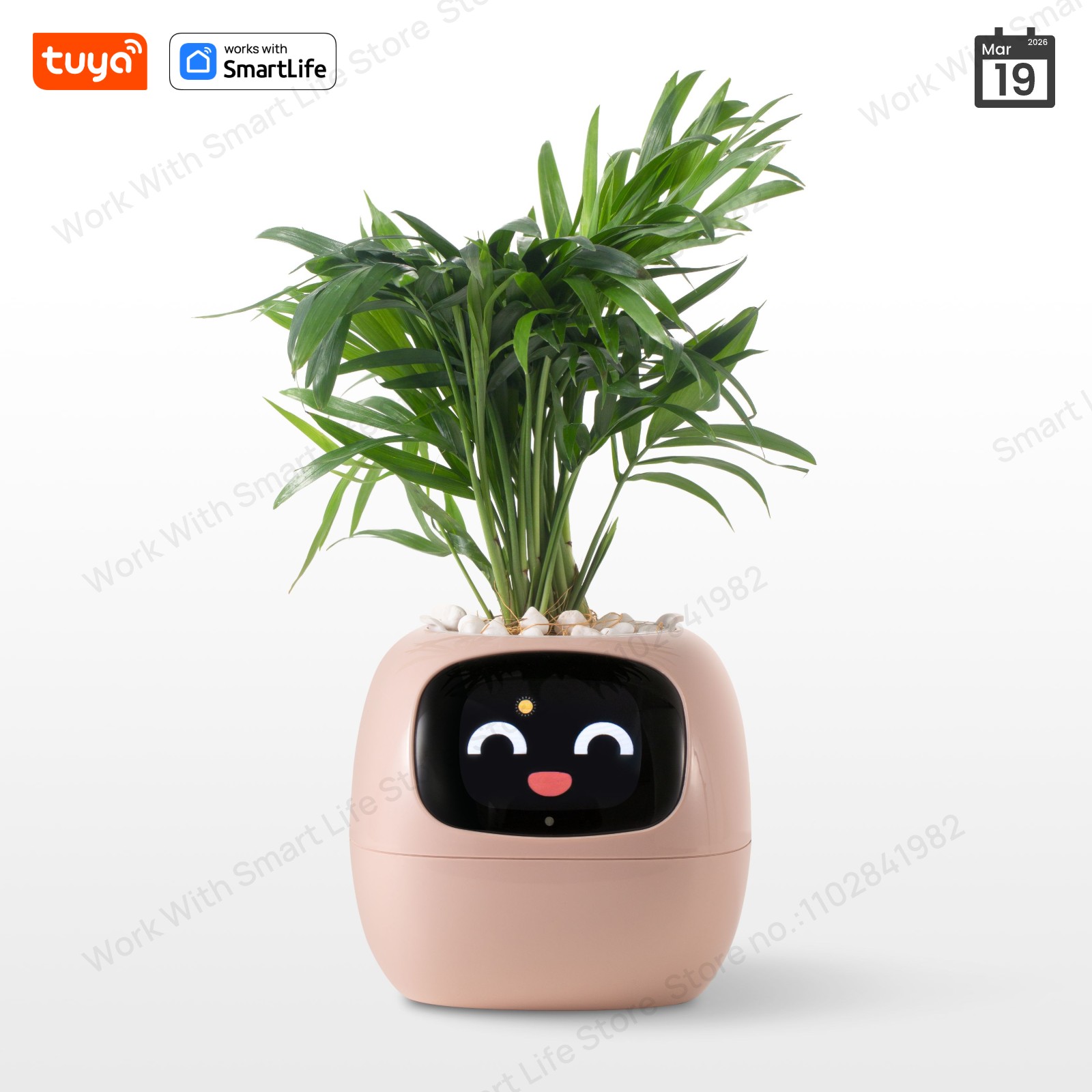 Pink Tuya Ivy Smart Planter, Endless Fun Over 49 Rich Expressions,7 smart sensors and AI Chips Make Raising Plants Easy and Fun