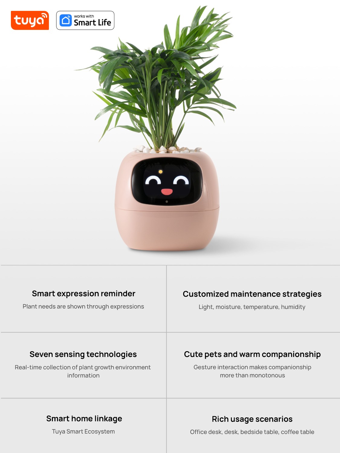 Pink Tuya Ivy Smart Planter, Endless Fun Over 49 Rich Expressions,7 smart sensors and AI Chips Make Raising Plants Easy and Fun