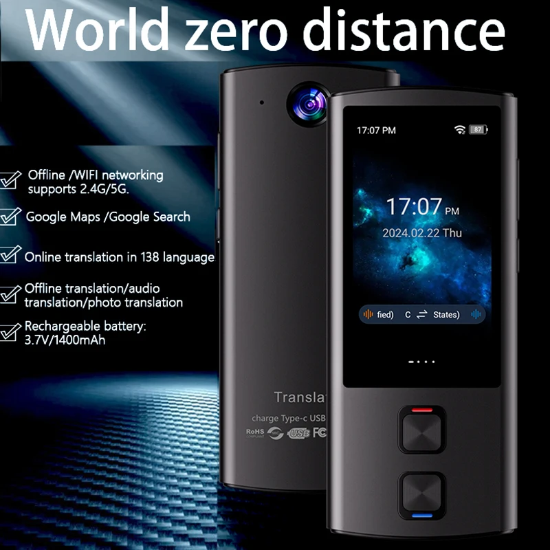 Portable T17 Instant Voice Translation Recording 138 Language Real Time Smart Offline Translation Machine AI Learning Conversion