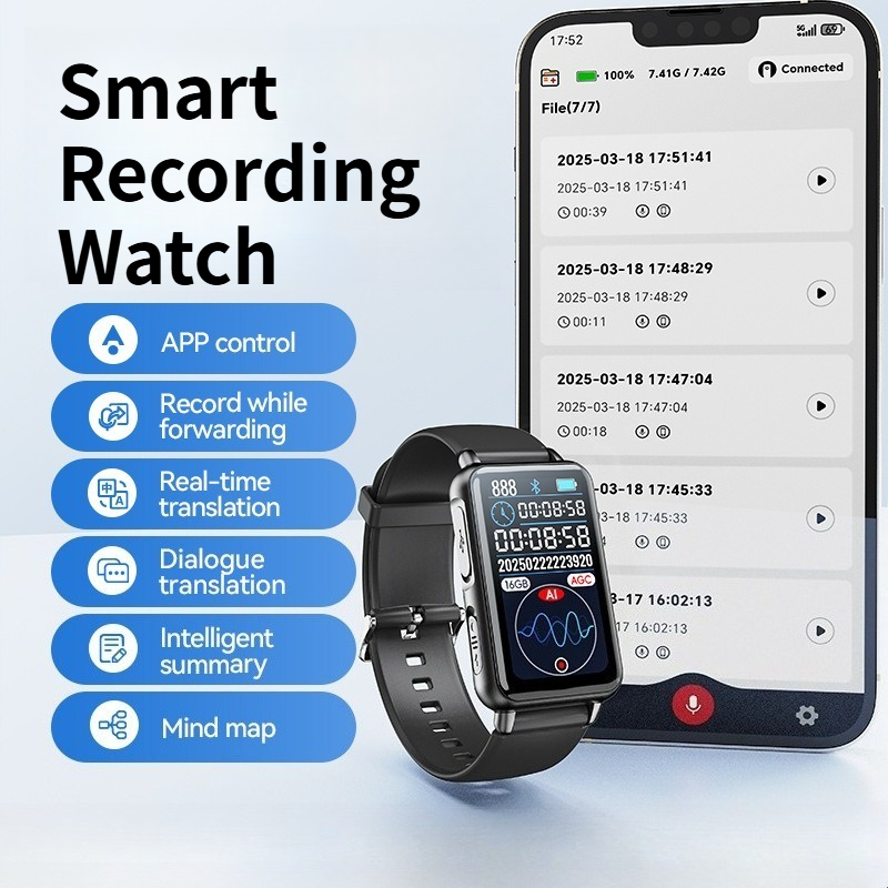 S18A Portable Smart Recording Watch AI Recorder Intelligent Real-time Transcription Translation Recording Bracelet APP Control