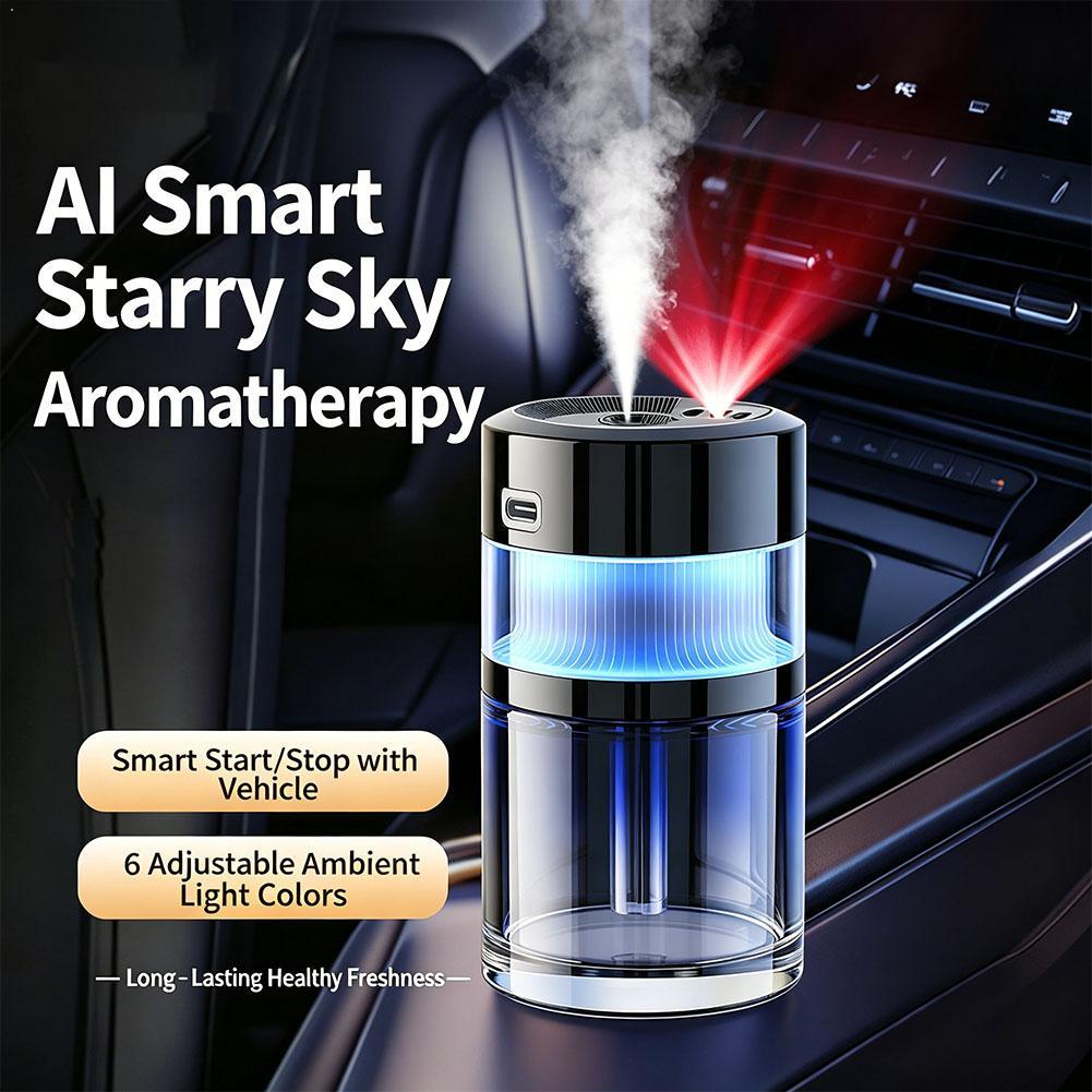 Smart Car Air Freshener AI Auto On/Off Aromatherapy Diffuser with Starry Sky Projection 3 Mist Modes Rechargeable Car Fragrance