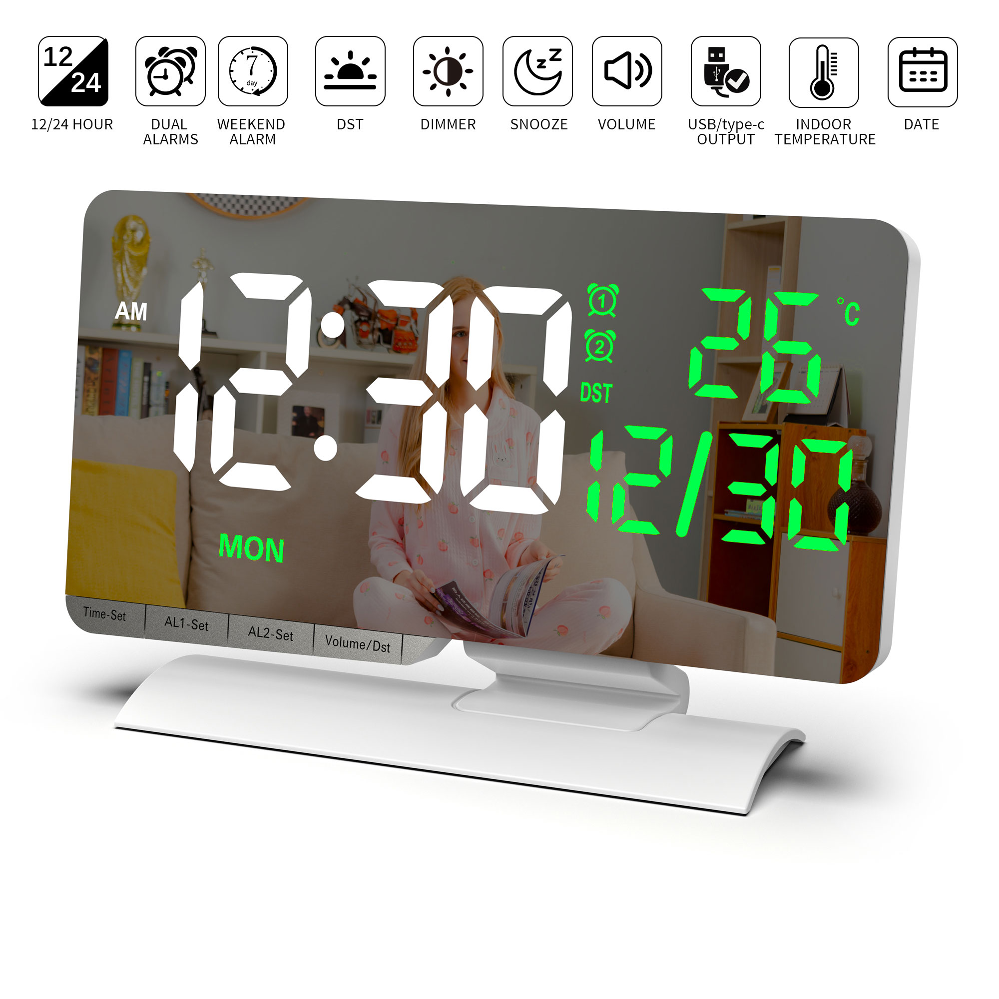 Table Clock Smart Double Alarm Clock Auto Dimming HD Large LED Display Perpetual Calendar Temperature for Bedroom Decoration