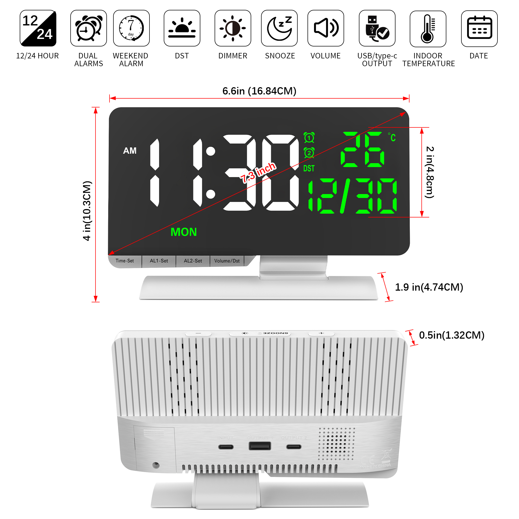 Table Clock Smart Double Alarm Clock Auto Dimming HD Large LED Display Perpetual Calendar Temperature for Bedroom Decoration