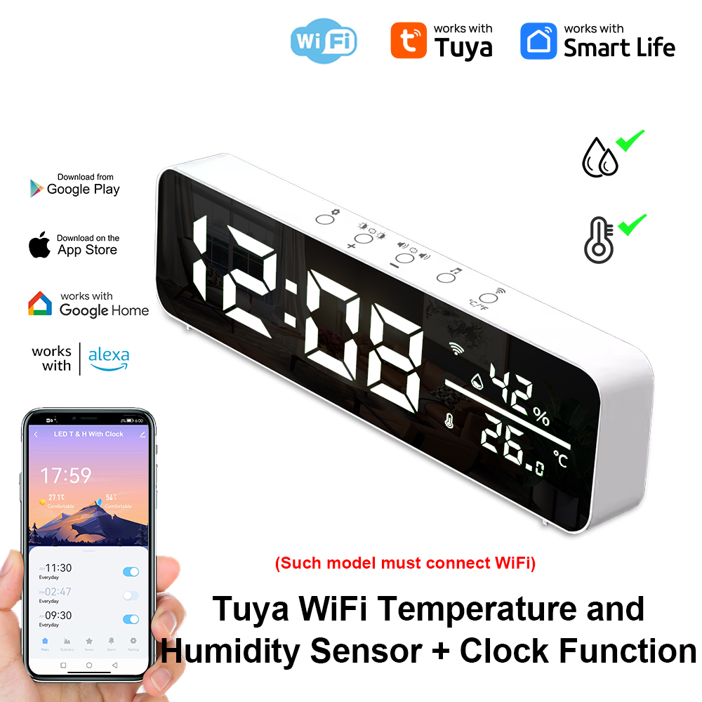 Tuya WiFi Smart Electronic Alarm Clock Temperature Humidity Sensor LED Screen Smart life APP Control Support Alexa Google Home
