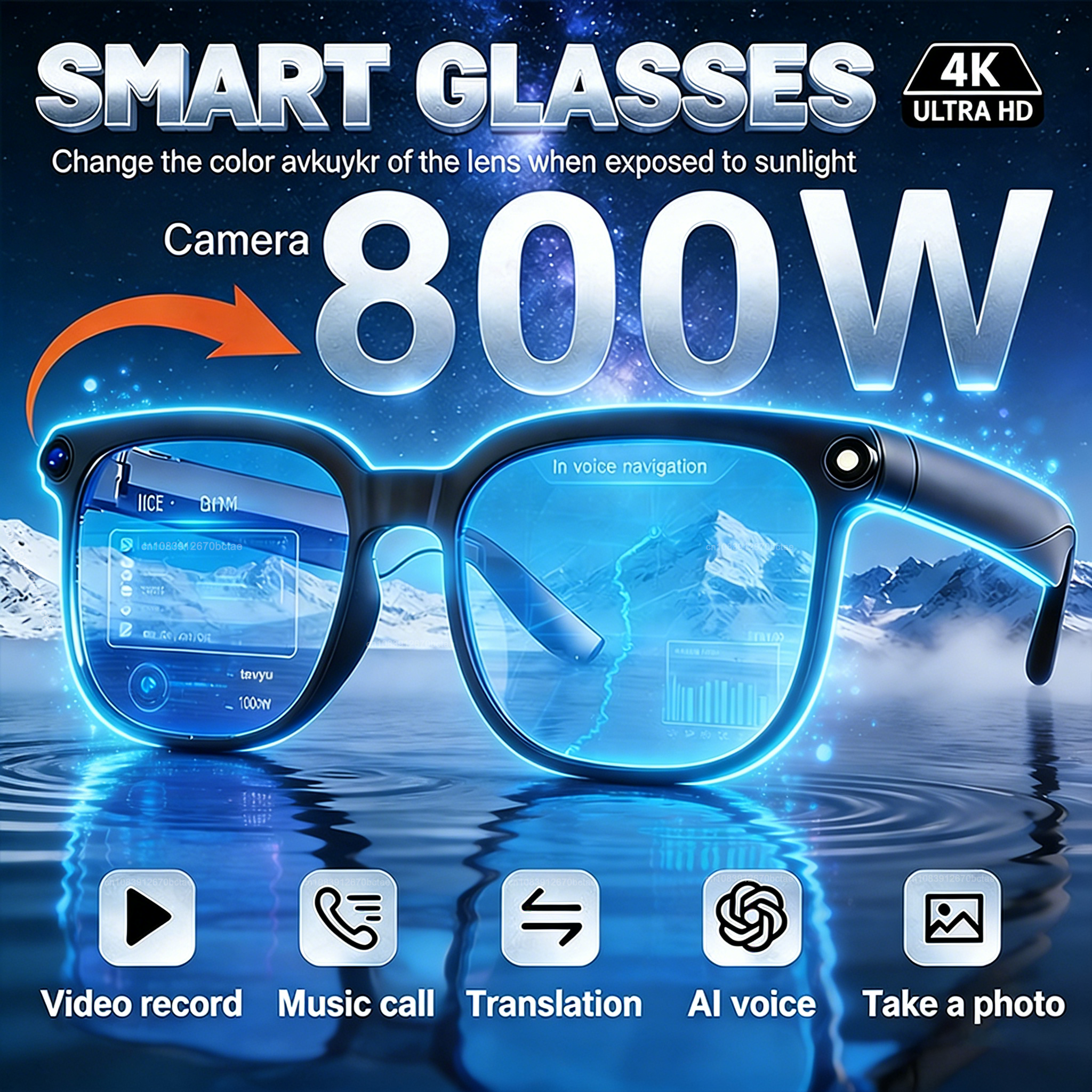 4K HD AI Camera Glasses 800MP Photochromic Multifunctional Smart Glasses Bluetooth Calling Photo Video ChatGPT Music Translation