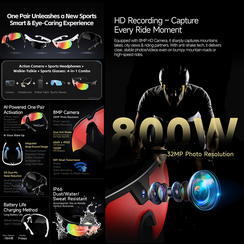 AI Real Time Translation 2026 Smart Cycling Glasses Wireless Call 8MP HD Camera Anti Shake Sports Sunglasses IP66 Dust Resistant - Image 3