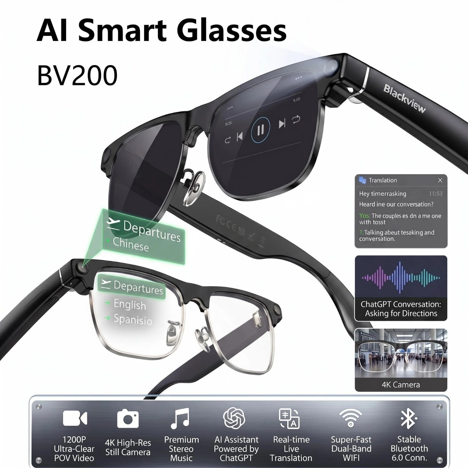 Black view BV200 AI Smart Glasses 1200W 4K HD Camera Bluetooth Call AI Translation Voice Assistant Stereo Speaker & Built-in Mic