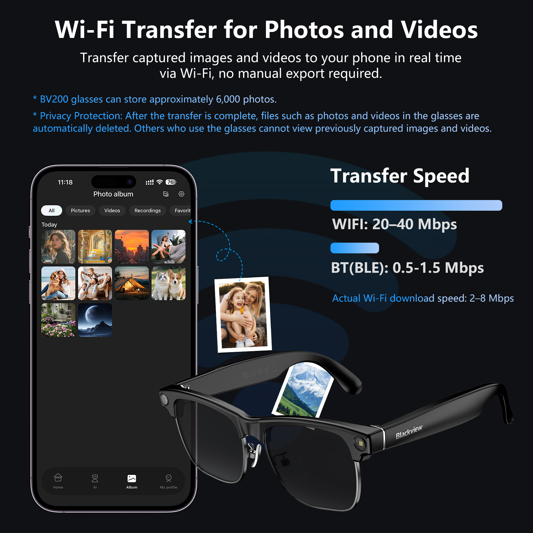 Black view BV200 AI Smart Glasses 1200W 4K HD Camera Bluetooth Call AI Translation Voice Assistant Stereo Speaker & Built-in Mic - Image 3