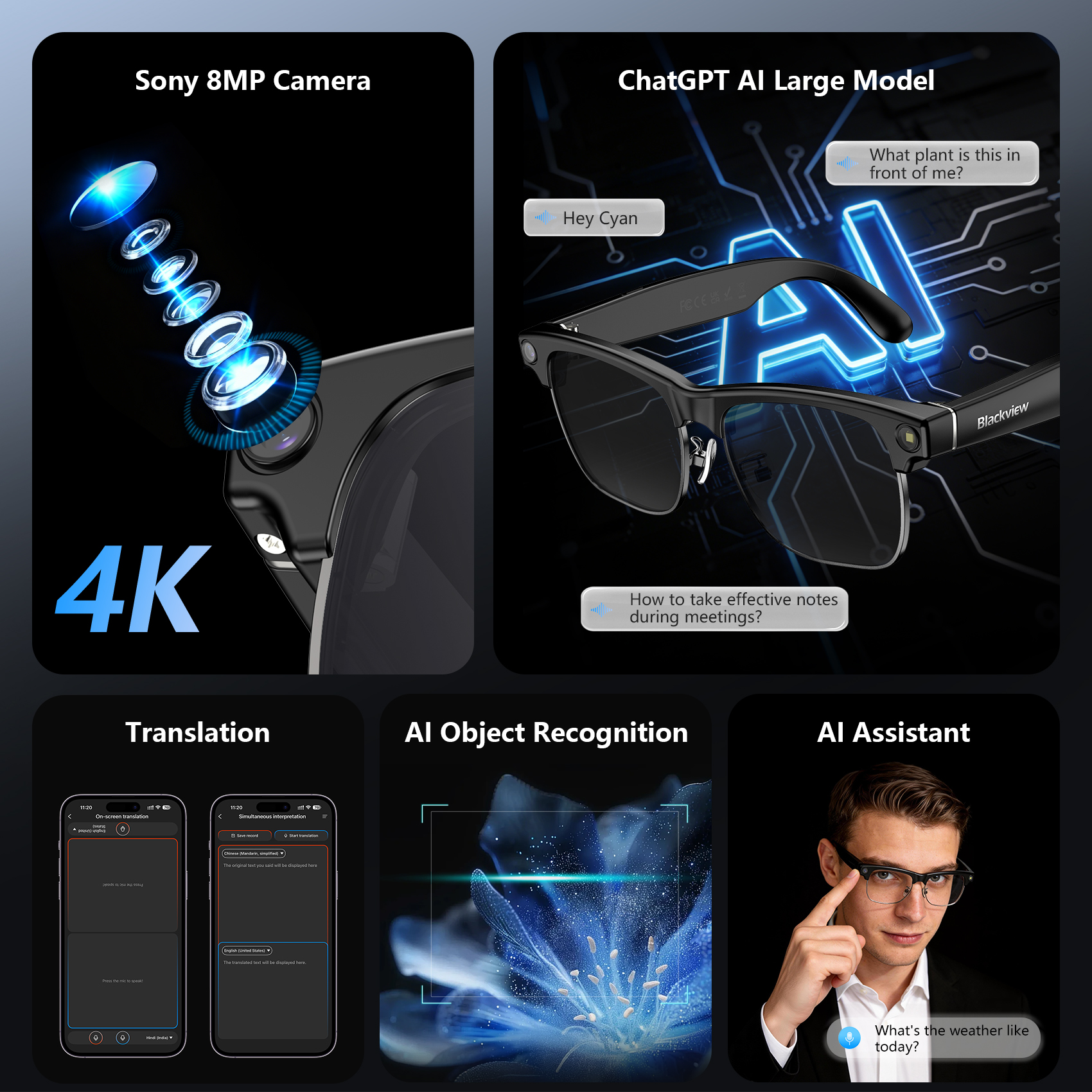 Black view BV200 AI Smart Glasses 1200W 4K HD Camera Bluetooth Call AI Translation Voice Assistant Stereo Speaker & Built-in Mic - Image 6