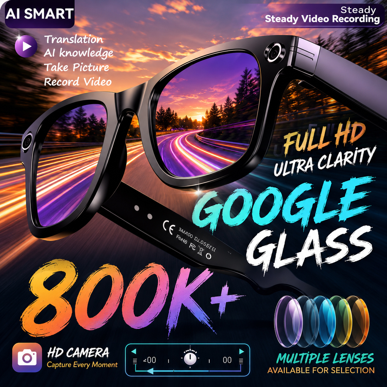 New 8 Million Pixels Camera Smart Glasses Recording Videos AI Photo Recognition Answer Translation Waterproof Blue light Glasses