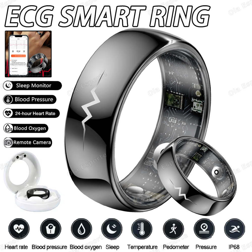 AI ECG Detection Smart Ring Blood Pressure, Heart Rate, Body Temperature Monitor, Waterproof Multiple Sport Track Men Women Rings