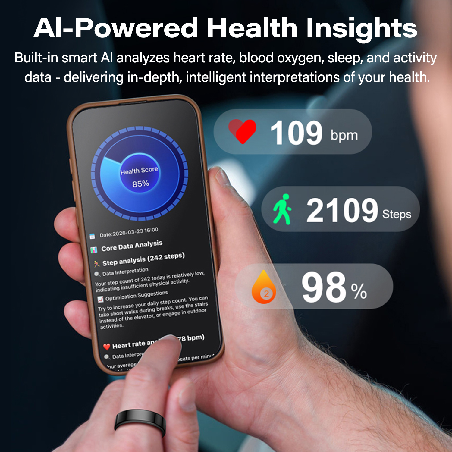 R02S Smart Ring with Charging Case AI Health Analysis Heart Rate Sleep Monitoring Gesture Control Multi Sport Modes Smart Ring