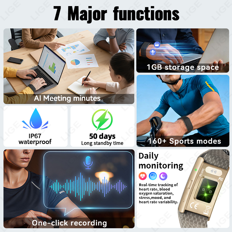 Sport Fitness Smart Bracelet AI Recording 79 Languages 1GB Memory Heart Rate Monitor 160+ Modes IP67 Waterproof Sports Band - Image 6
