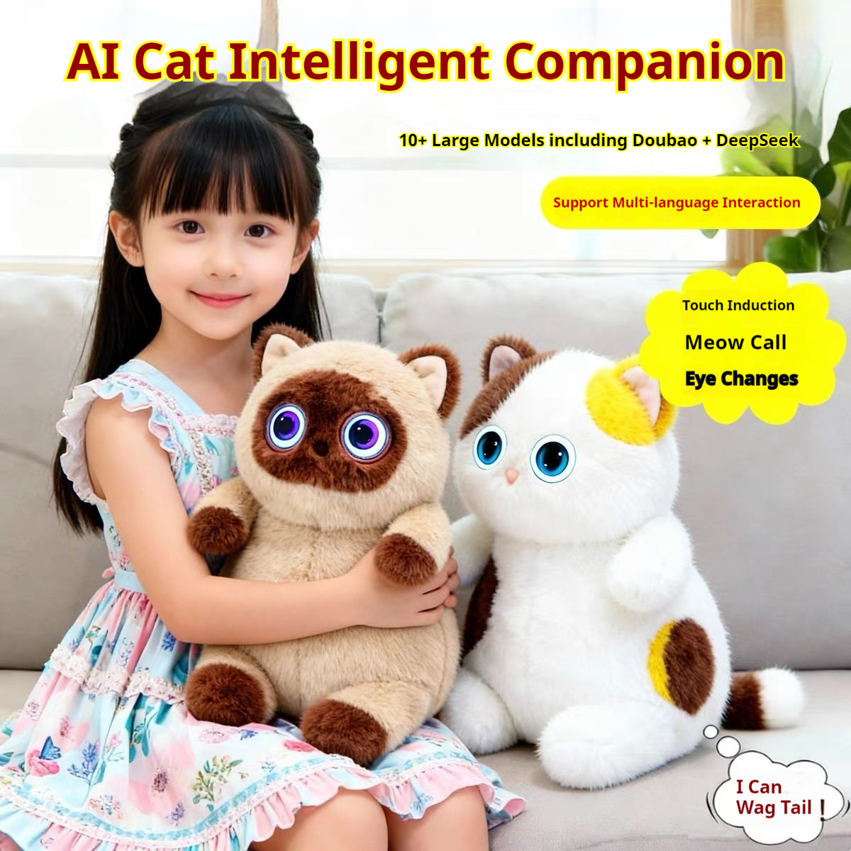 AI Intelligent Interactive Plush Cat Toy Multimodal Touch Sensitive Gravity Inductive Emotional Eyes Moving Tail Creative Gift