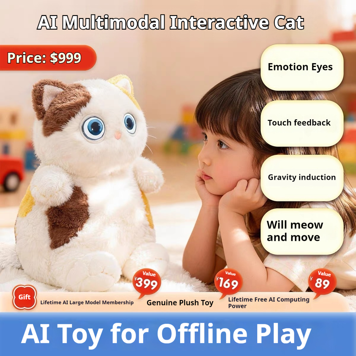AI Intelligent Interactive Plush Cat Toy Multimodal Touch Sensitive Gravity Inductive Emotional Eyes Moving Tail Creative Gift