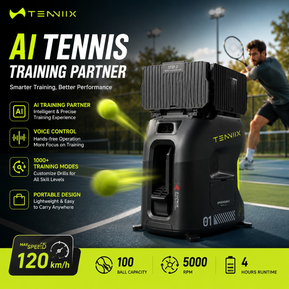 AI Tennis Ball Machine Smart Training Partner APP Voice Control Portable Tennis Launcher 100 Ball Capacity 120kmh