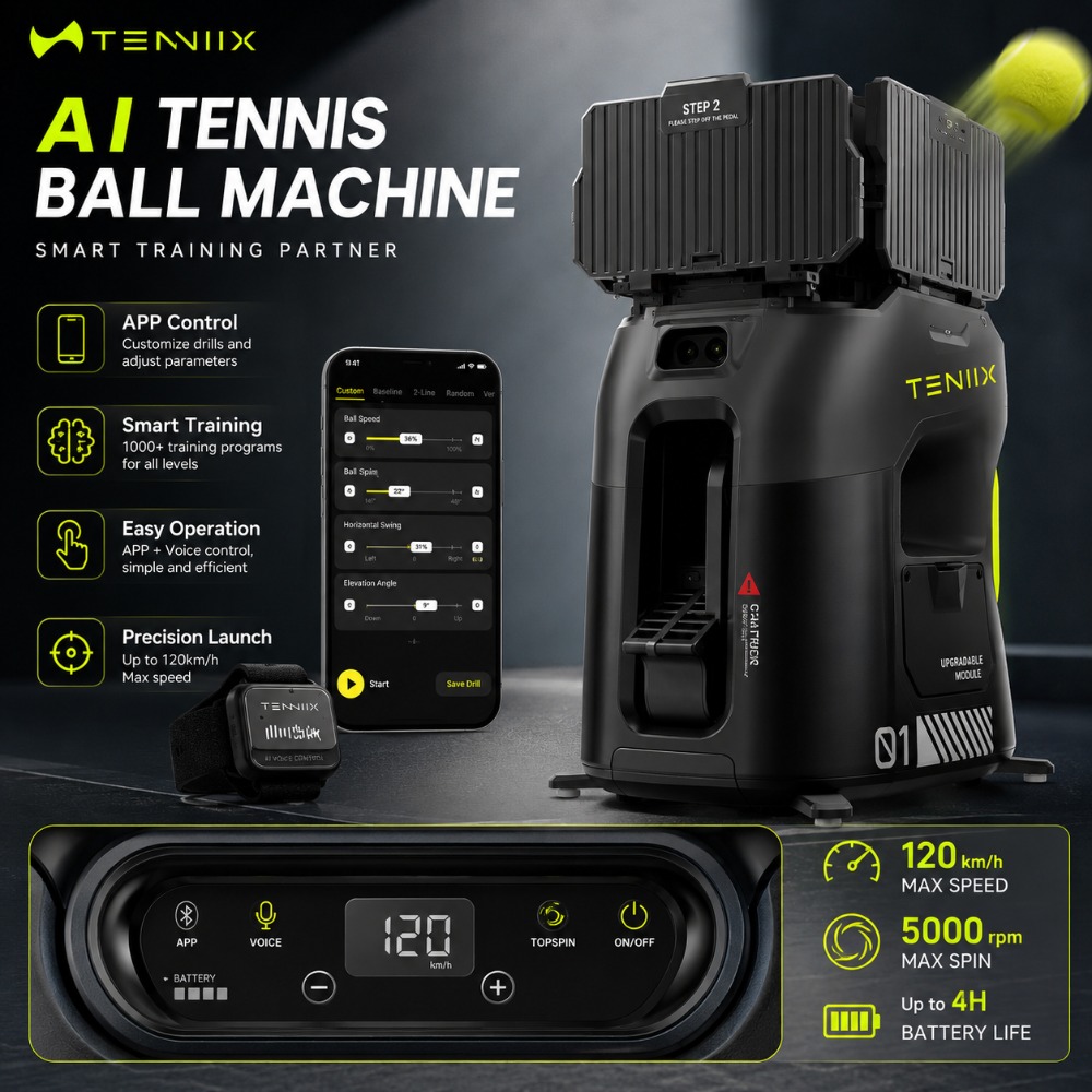 AI Tennis Ball Machine Smart Training Partner APP Voice Control Portable Tennis Launcher 100 Ball Capacity 120kmh - Image 3