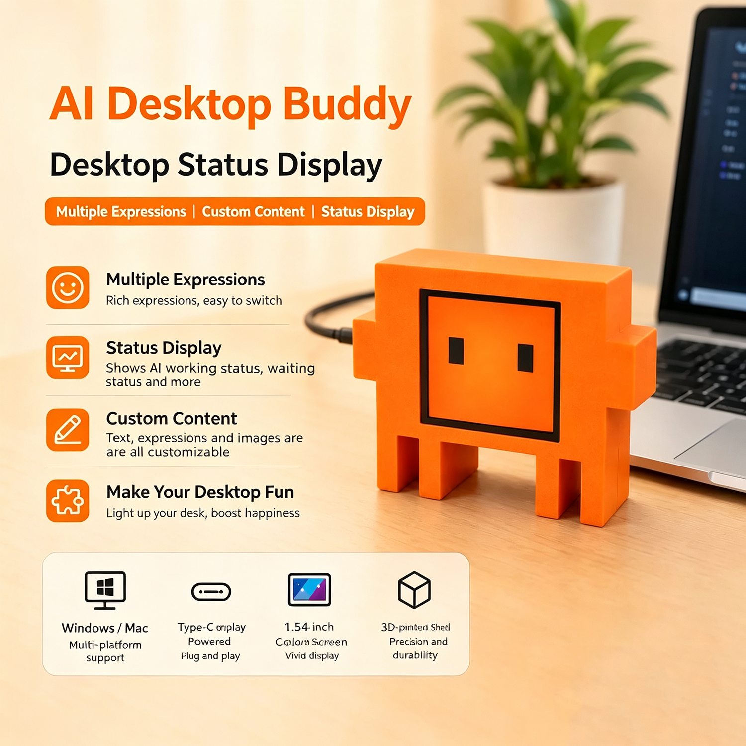 For Claude Clawd Mochi Desktop Pet AI Working Status Light 3D Printed AI Desktop Expression Robot For Claude LCD USB Wired Tool