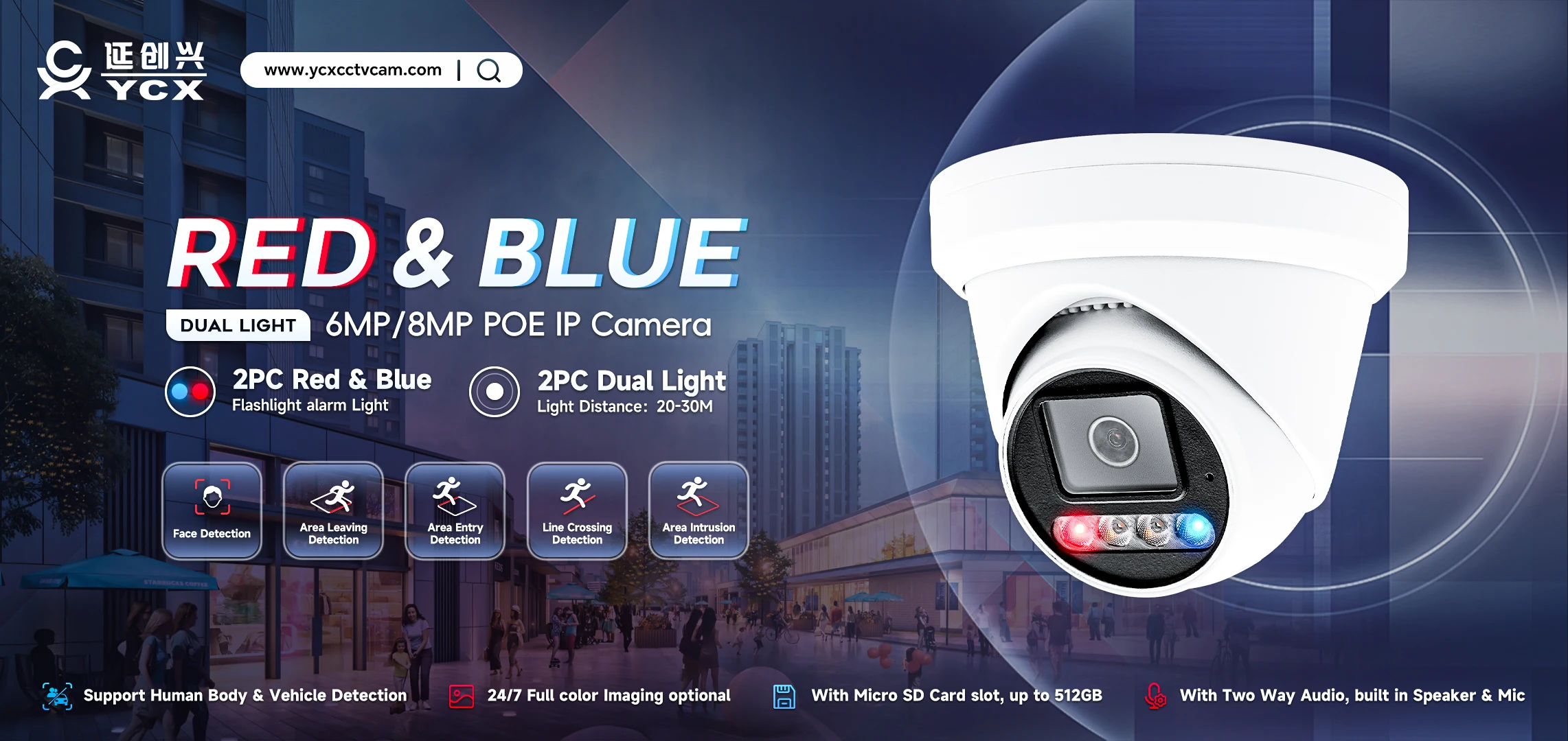 2026 H.265 6MP YCX VCA AI  Security Camera  Dual-light Red & Blue Alarm Two-way Audio POE IP Camera Lights Siren Speaker SD
