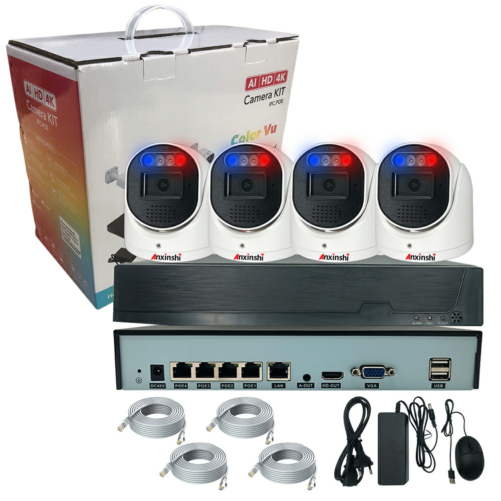 4CH IP POE Camera System 4K 8MP HD Dome Security Camera Kit with Red and Blue Light Alarm AI Function Two Way Audio Support P2P