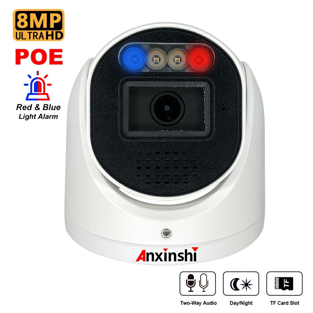 4CH IP POE Camera System 4K 8MP HD Dome Security Camera Kit with Red and Blue Light Alarm AI Function Two Way Audio Support P2P