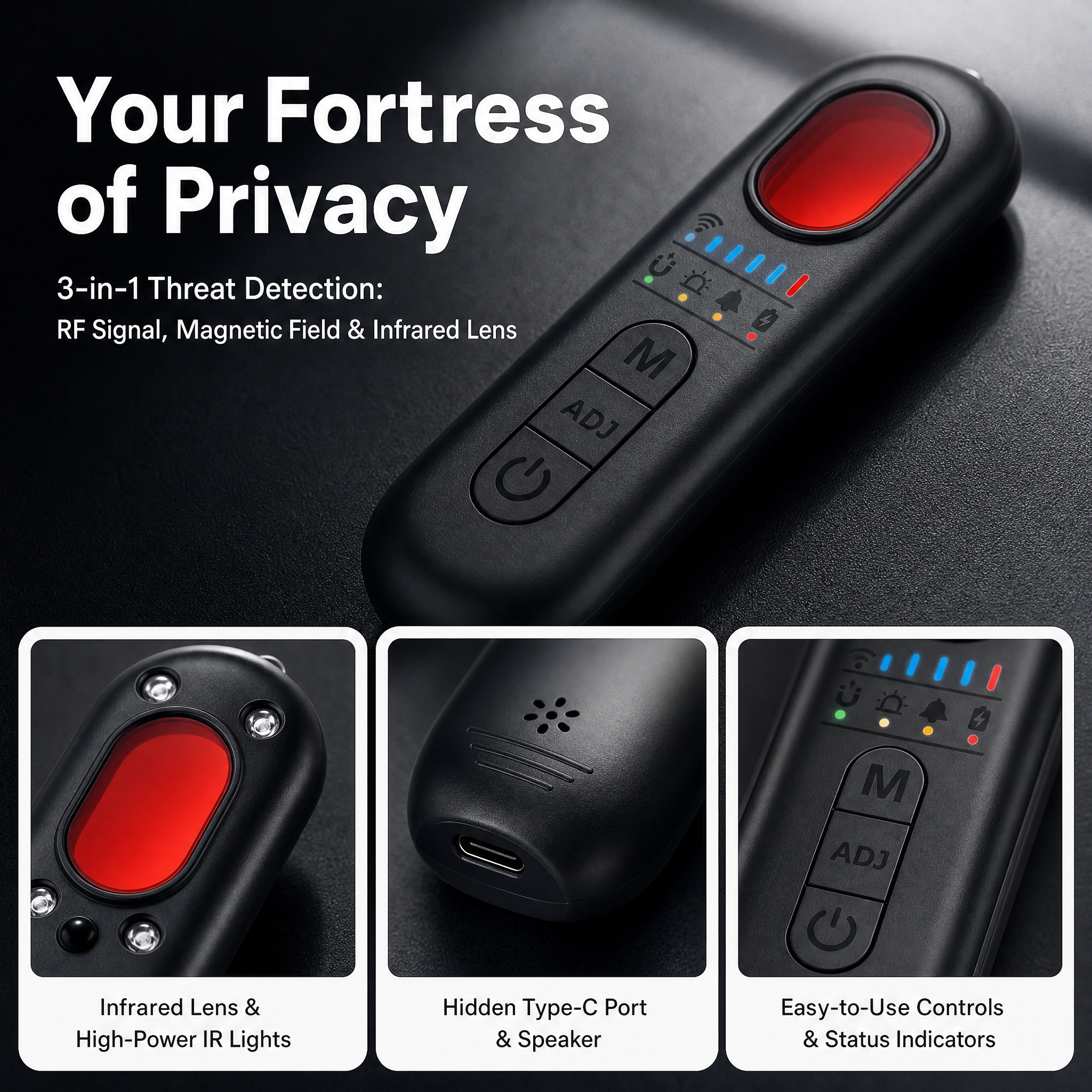 6-in-1 AI Anti Spy Hidden Camera Detector Infrared RF Signal Scanner GPS Tracker Bug Detector Vibration Alarm Portable Privacy P - Image 6