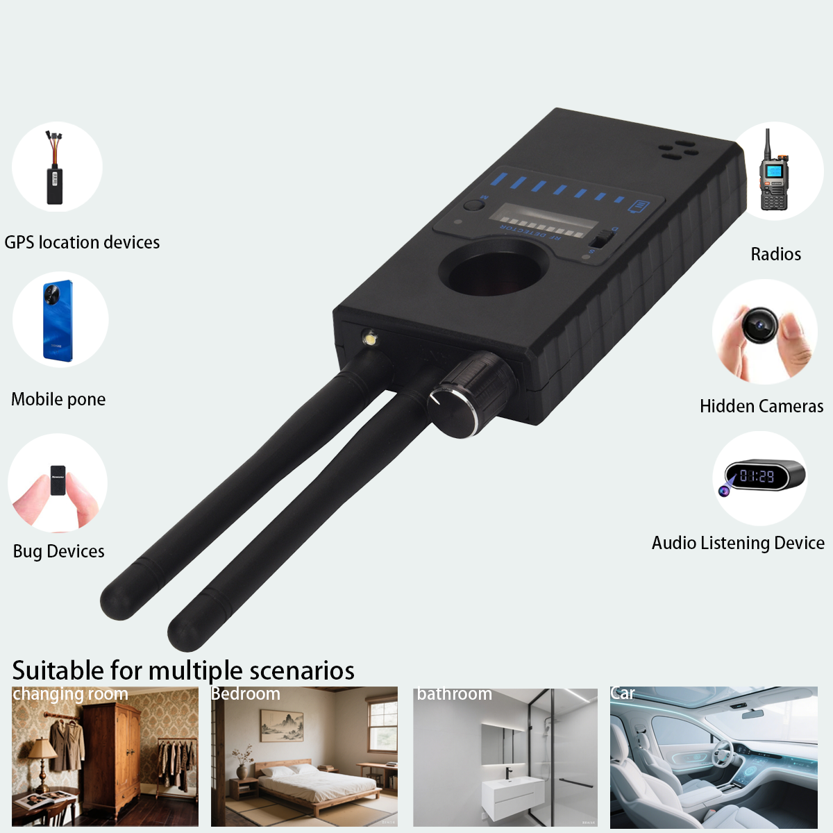 Dual-Antenna RF Detector 8000 MHz Bug/Camera/GPS Tracker Finder / AI Analysis IR Scan & 3 Alarm Modes for Car/Hotel/Office Security