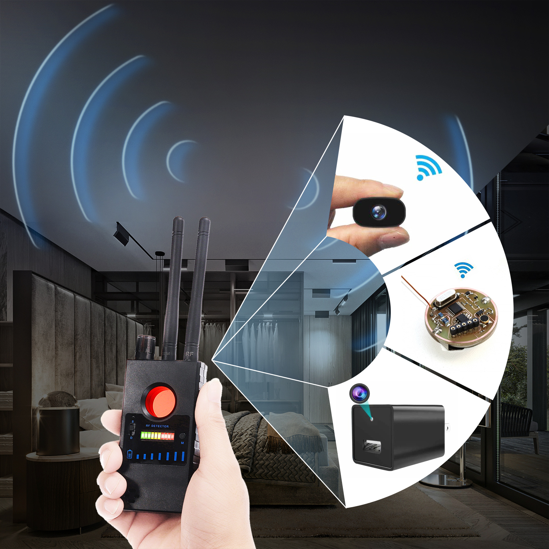 Dual-Antenna RF Detector 8000 MHz Bug/Camera/GPS Tracker Finder / AI Analysis IR Scan & 3 Alarm Modes for Car/Hotel/Office Security - Image 3