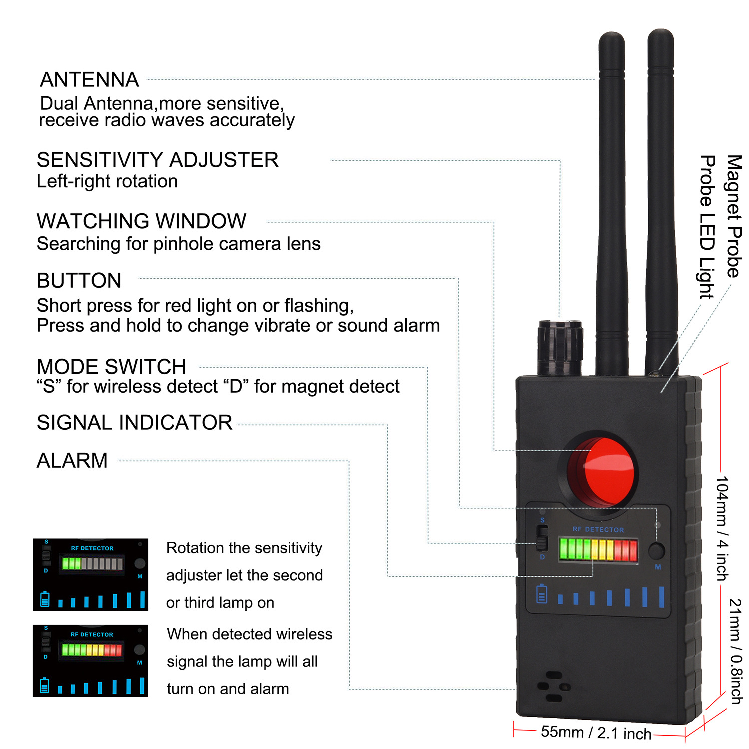 Dual-Antenna RF Detector 8000 MHz Bug/Camera/GPS Tracker Finder / AI Analysis IR Scan & 3 Alarm Modes for Car/Hotel/Office Security - Image 4