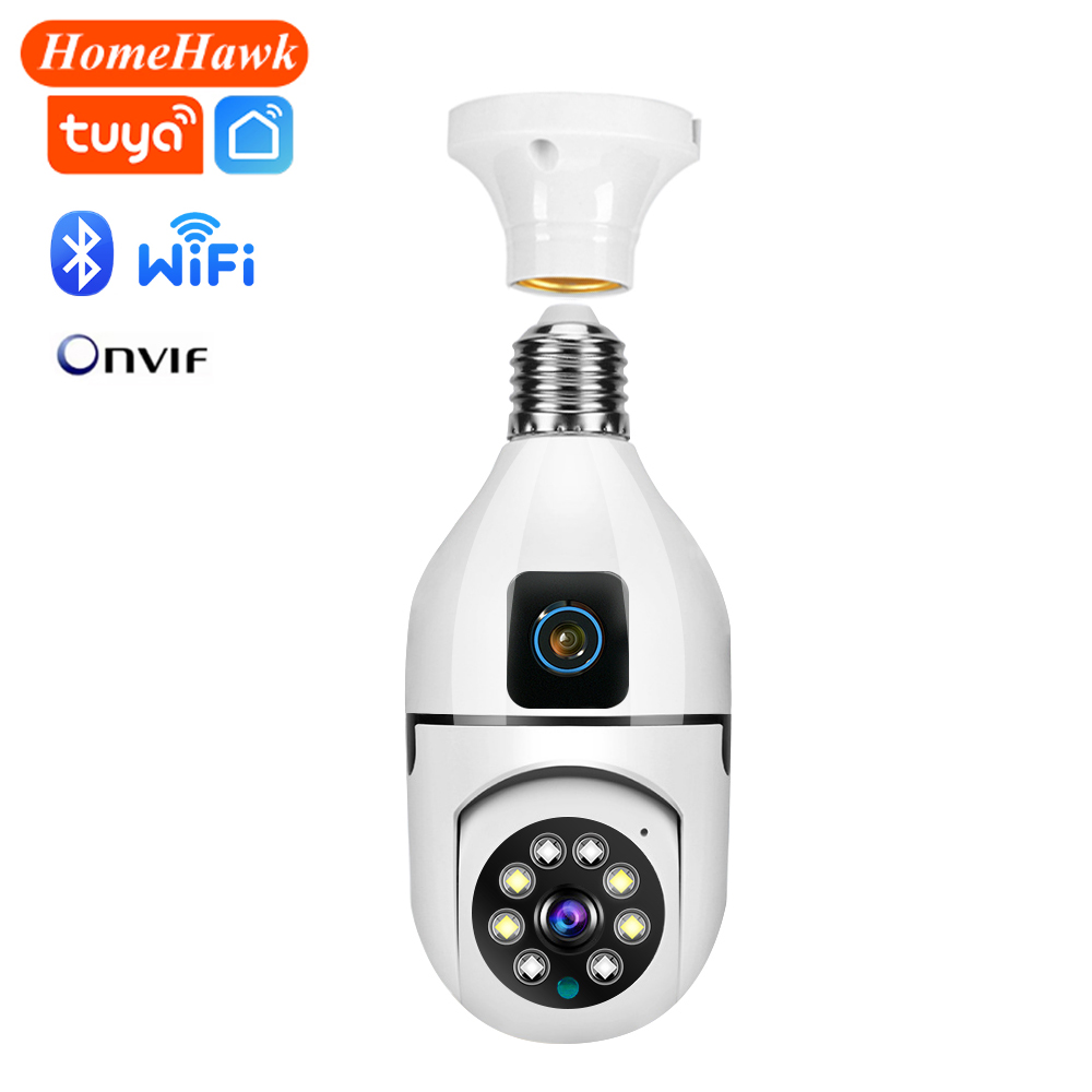 Dual Lens E27 Bulb Camera Wifi Tuya AI Human Tracking Voice Alarm Panoramic bulb Camera Dual Screen Smart Home Surveillance Cam
