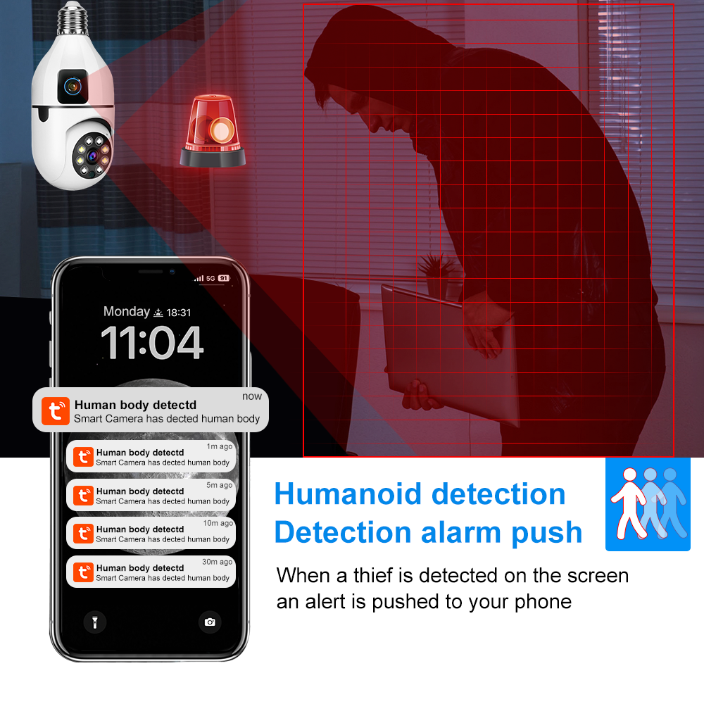 Dual Lens E27 Bulb Camera Wifi Tuya AI Human Tracking Voice Alarm Panoramic bulb Camera Dual Screen Smart Home Surveillance Cam