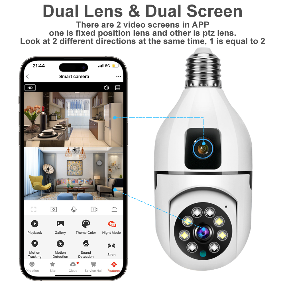 Dual Lens E27 Bulb Camera Wifi Tuya AI Human Tracking Voice Alarm Panoramic bulb Camera Dual Screen Smart Home Surveillance Cam - Image 3