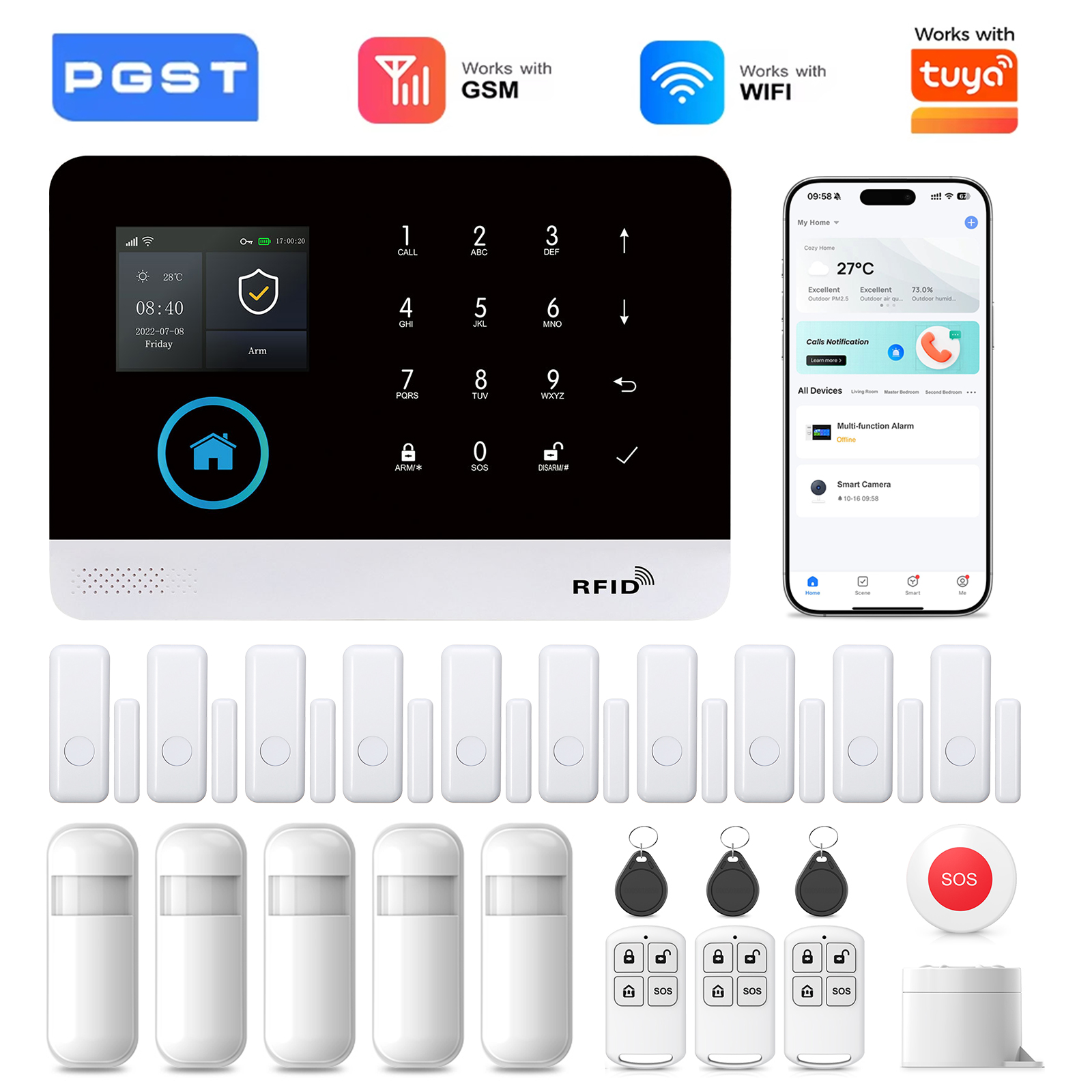 PGST Alarm System for Home WIFI GSM Security Alarm Host Ant-theft with Door Motion Sensor Work with Tuya Control work Alexa