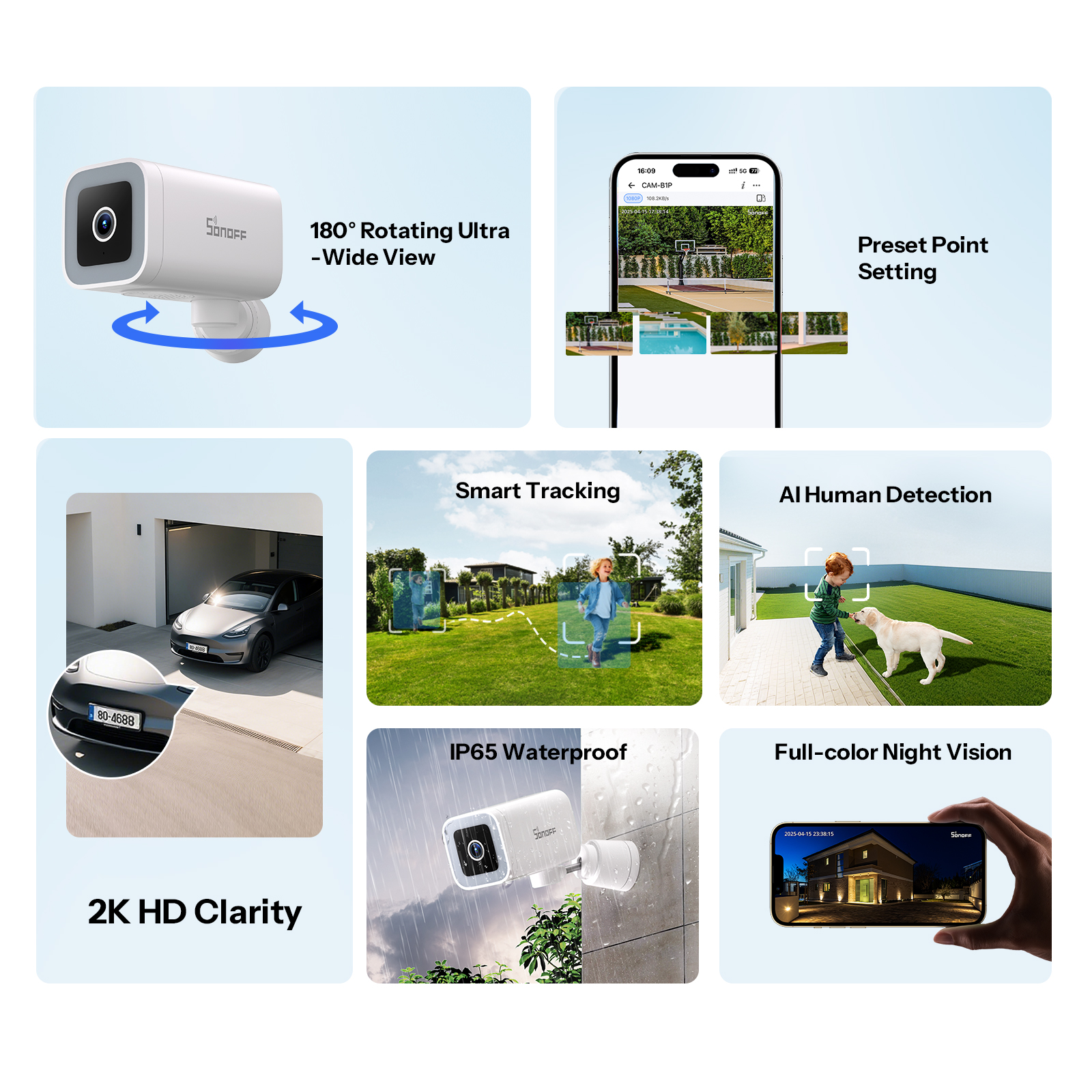 SONOFF CAM-B1P 2K HD Outdoor Smart Security Camera AI Human Detection IP65 Weather proof Smart Tracking Full-Color Night Vision