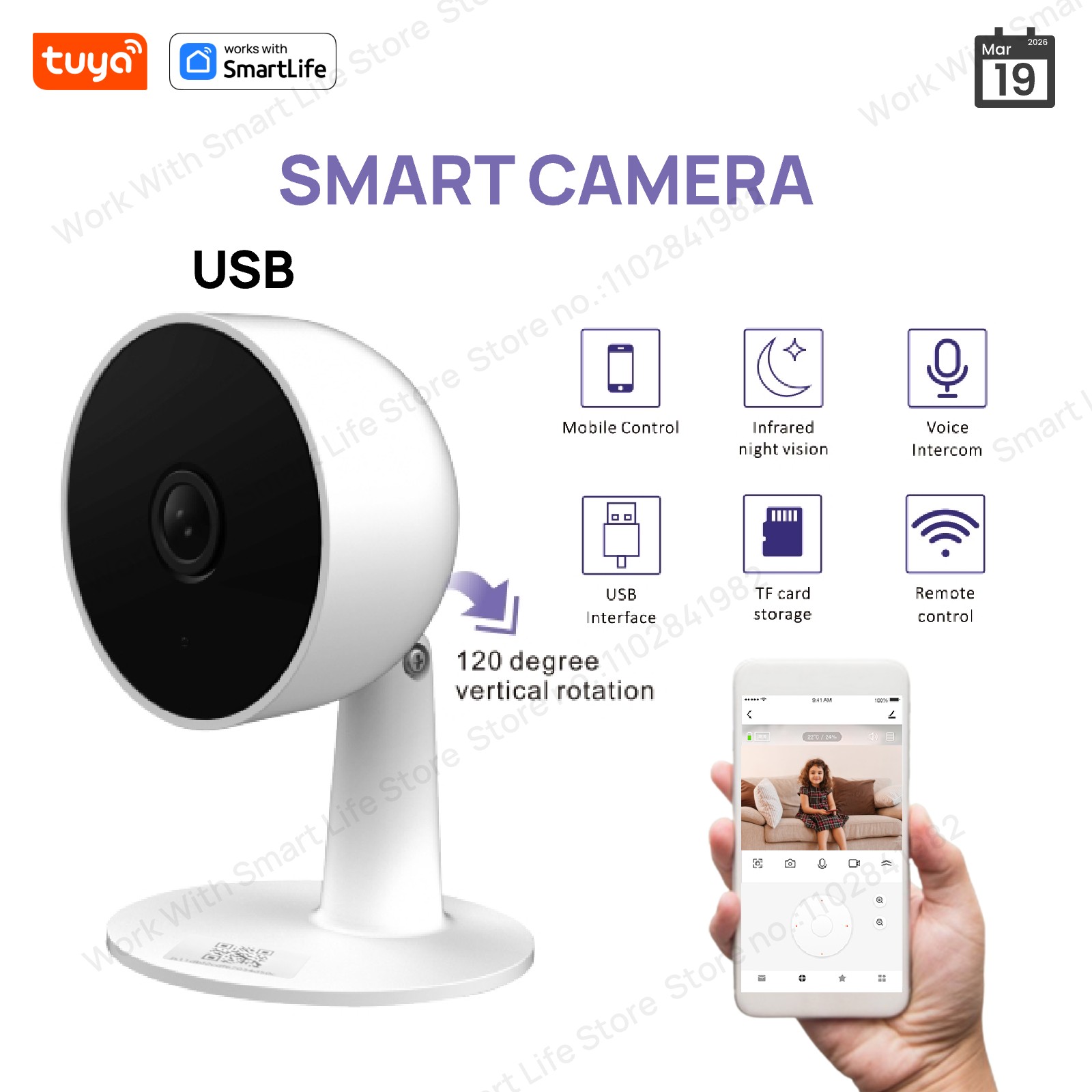 Tuya Smart 3MP HD Indoor Home Security Camera for Baby/Elder/Pet/Nanny, With Real-time APP Alert,2-Way Audio, Human body detection