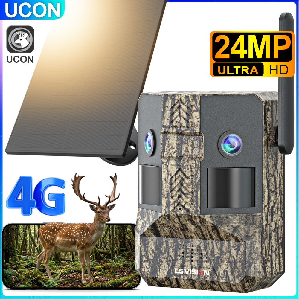 UCON 24MP 4G Solar Trail Camera Dual Screen Outdoor Cellular Trail Camera Dual PIR AI Animal Detection 0.2s Triggered Wildlife
