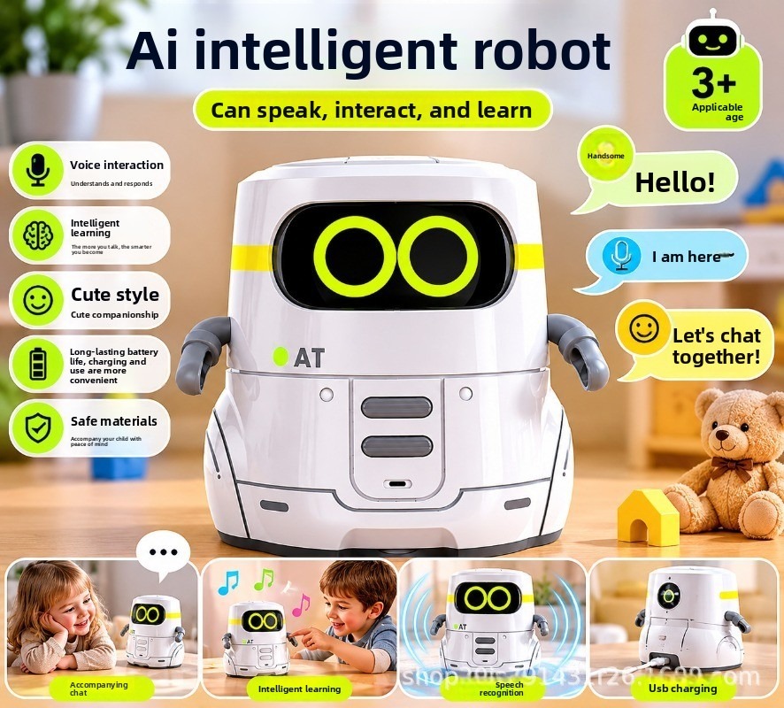 Intelligent parent-child AT robot with voice sensing repeat and voice-controlled early education companionship toy for children