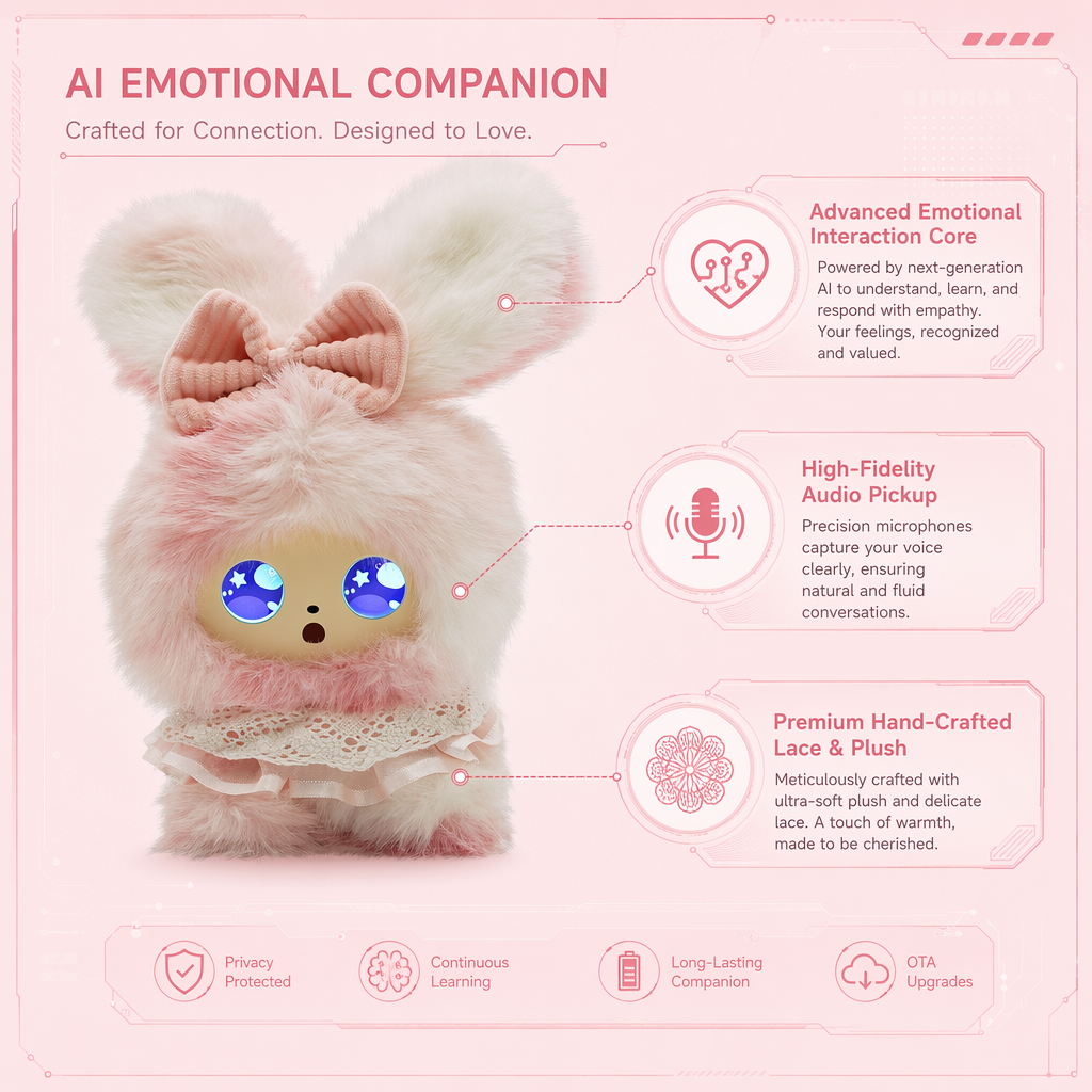 2026 New Pink Rabbit AI Emotional Companion Robot Smart Voice Interactive Plush Doll LED Glowing Eyes Lace Outfit Healing