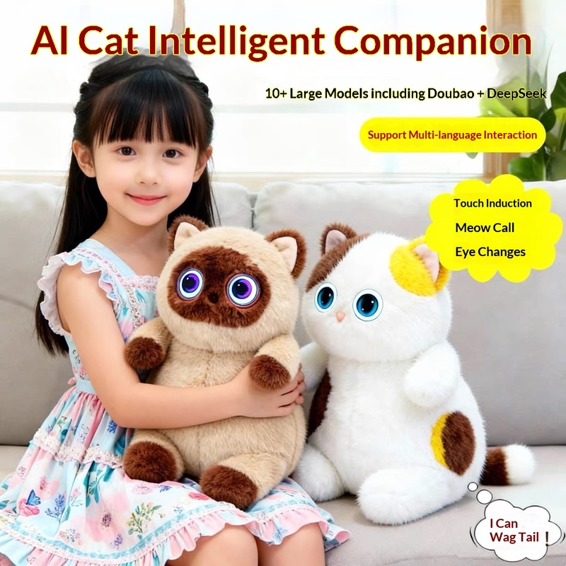 AI  Cat Plush Toy Touch  Glowing Eyes Wagging Tail Multilingual Intellectual Kids Companion Gift For Children
