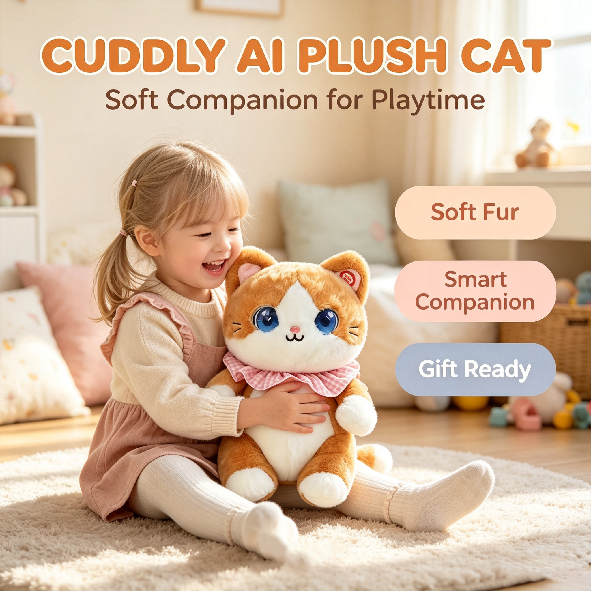 AI Plush Toy Cute Cat with Smart Voice And LED Eyes Interactive Companion Rechargeable E-Pet for Kids And Adults Cartoon  Gift