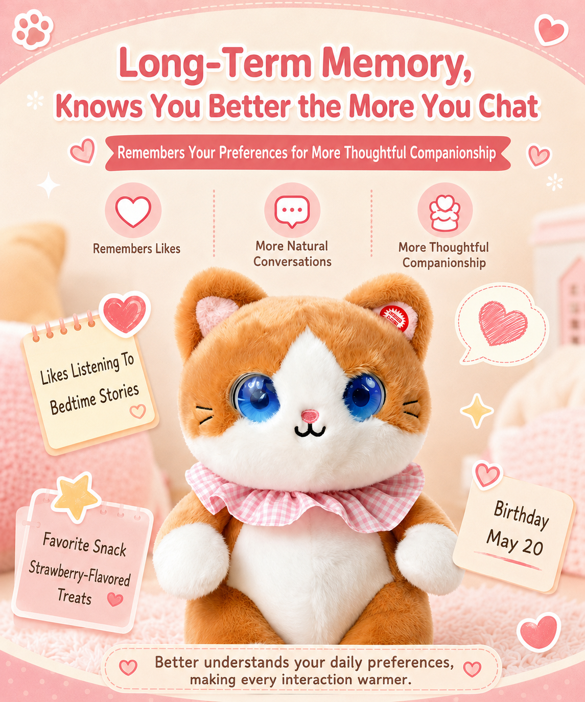 AI Plush Toy Cute Cat with Smart Voice And LED Eyes Interactive Companion Rechargeable E-Pet for Kids And Adults Cartoon  Gift