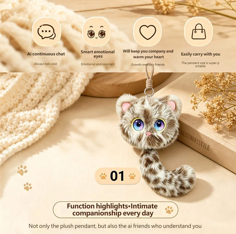 AI Smart Talking Leopard Print Cat Plush Keychain Mini Interactive Robot Pendant Kids Educational Stress Relief Toy - Image 3
