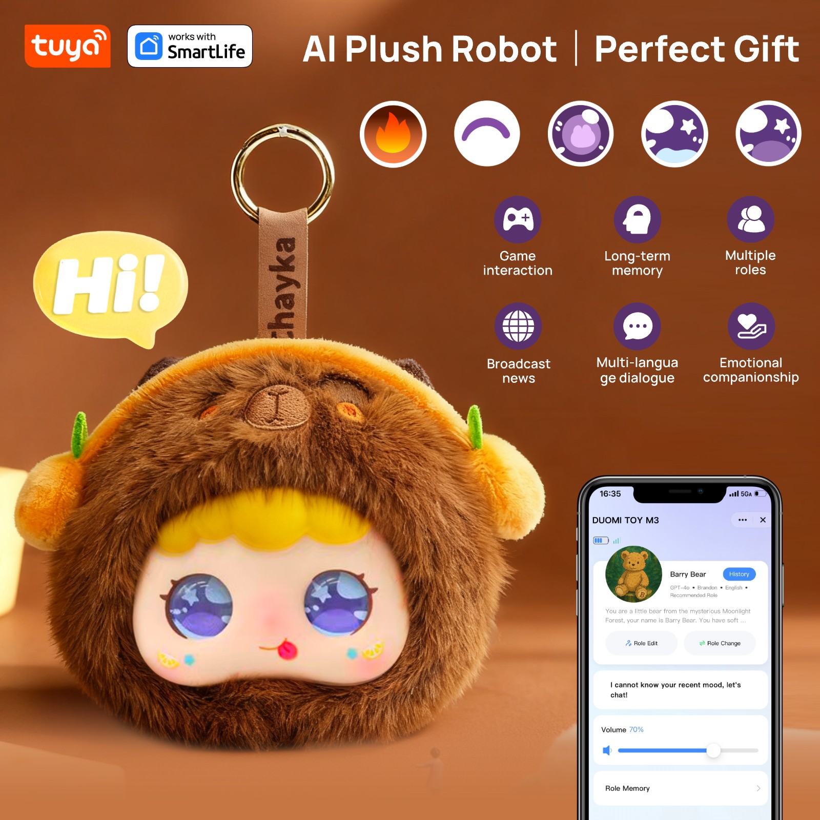 Capybara: Tuya Smart Al Plush Robot | Perfect Gift-W/Interactive Eyes and Voice Control, Perfect for Kids Gift/Smart Home-Brown