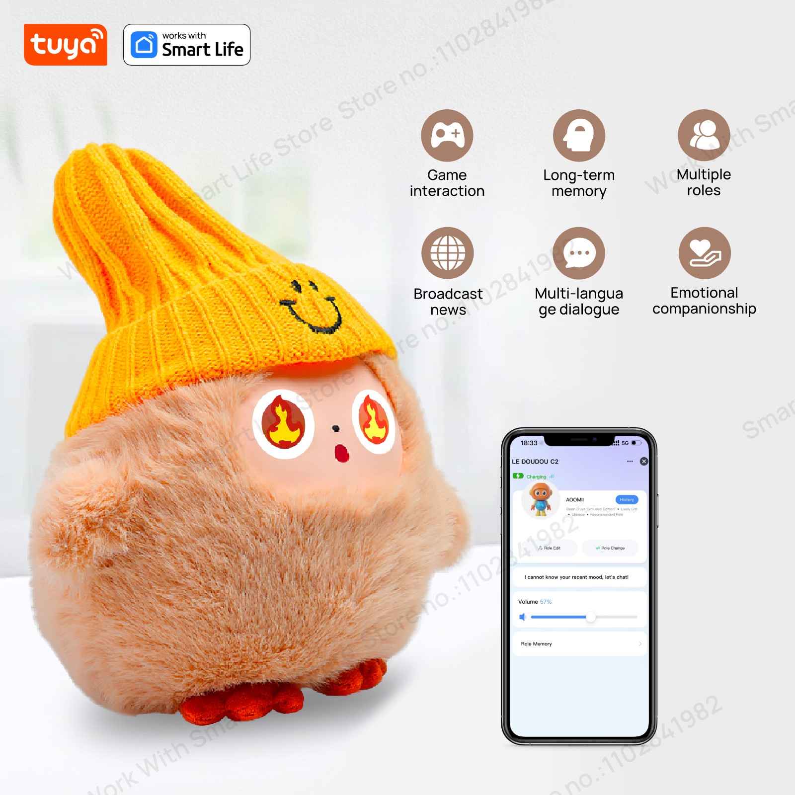 Cute Nunu-AI Plush Toy W/Smart Voice & LED Eyes, Interactive Companion Ready Rechargeable E-Pet open up fun life W/Tuya App-Khaki